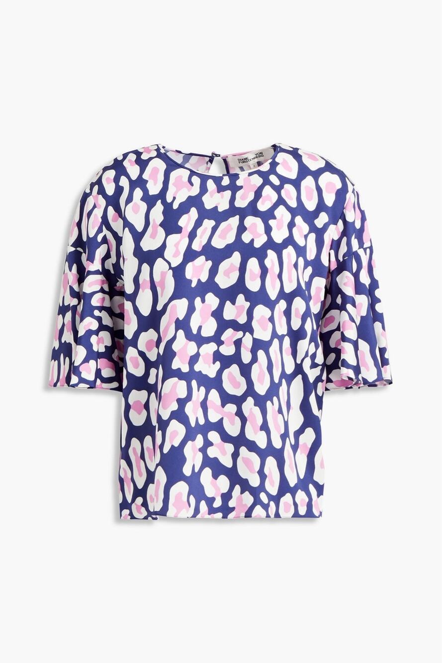 NWT Diane Von Furstenberg Arlene Leopard-Print Stretch-Ponte Top Sz 2 Navy Pink